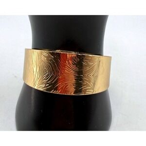Gold Tone Etched Feather Wide Cuff Bracelet Statement Jewelry Open Back 1 Inch